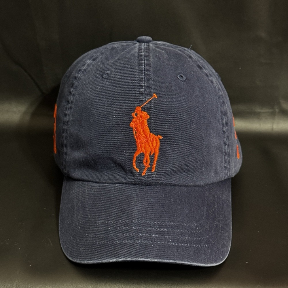 Polo Ralph Lauren Big Pony Hat Cap MCMLXVII Leather Strapback Blue Orange EUC #3